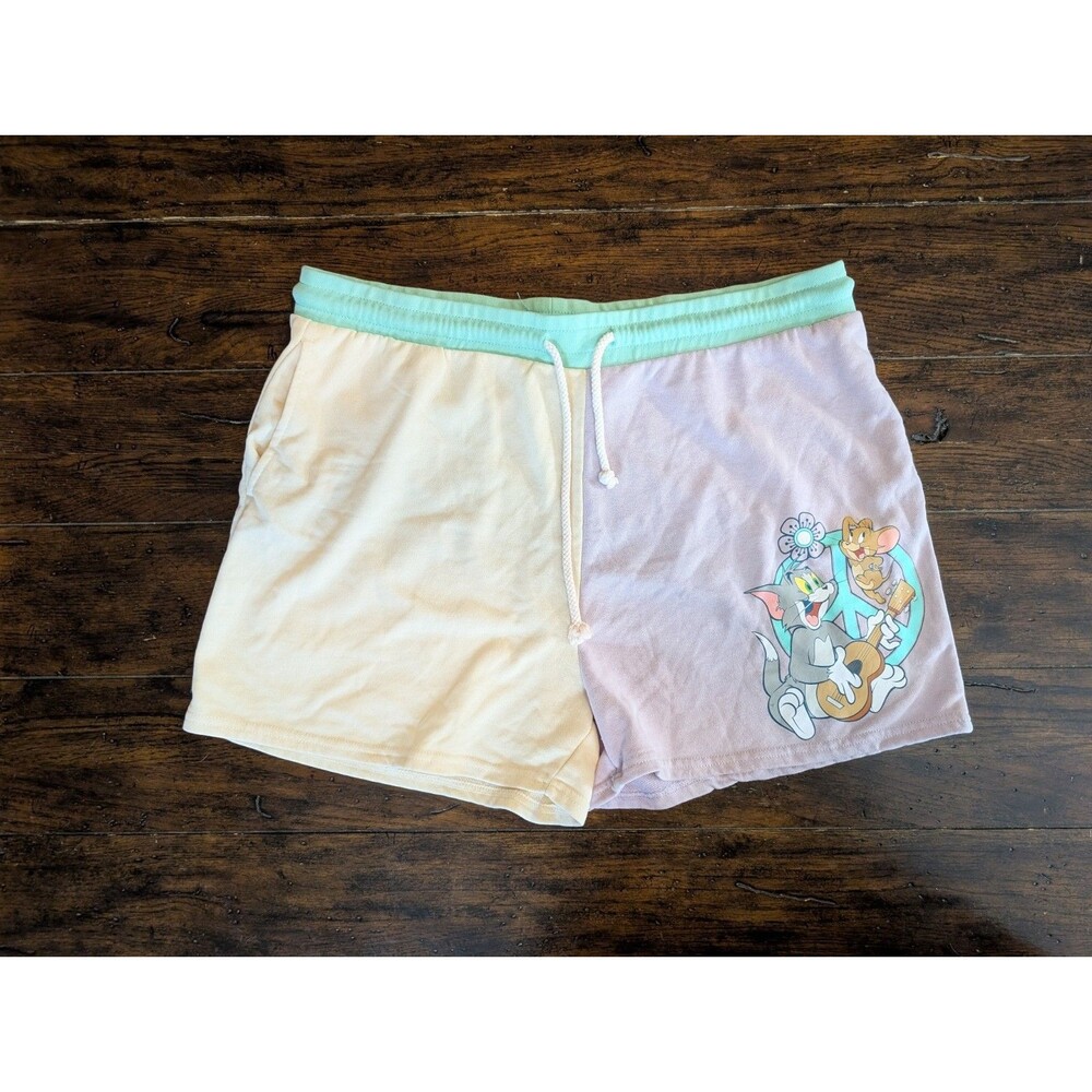 TOM AND JERRY Pastel Colorblock Sweat Shorts XXXL Whimsical Peace Sign